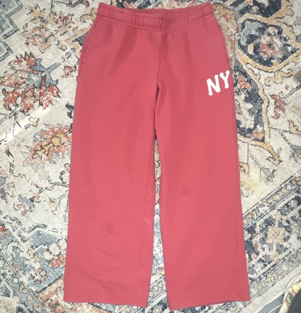 PacSun Women's Red Solid Khakis Pants M Elastic Waist NY Logo Patch Pockets